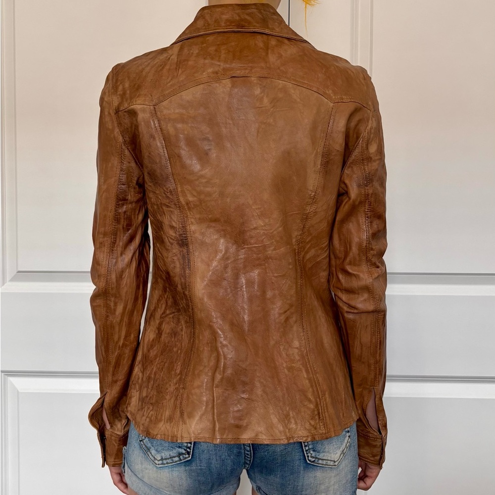Baguda Snap-Up Genuine Brown Leather Jacket - Picture 3 of 5